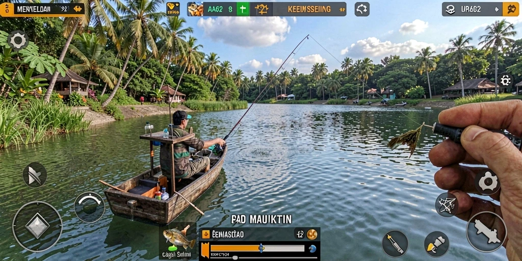 Screenshot gameplay AA62 menampilkan aksi memancing yang menarik.