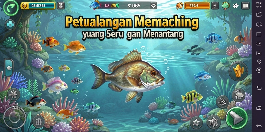 Screenshot utama GEMS365 menunjukkan aksi memancing yang seru dengan grafik memukau.