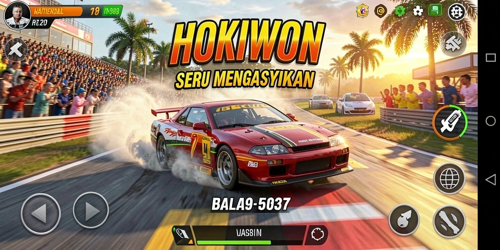 Gameplay HOKIWON yang mendebarkan dengan mobil balap melalui lintasan.