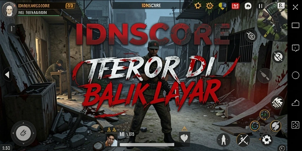 Screenshot gameplay IDNSCORE menampilkan suasana mencekam dan karakter menyeramkan.