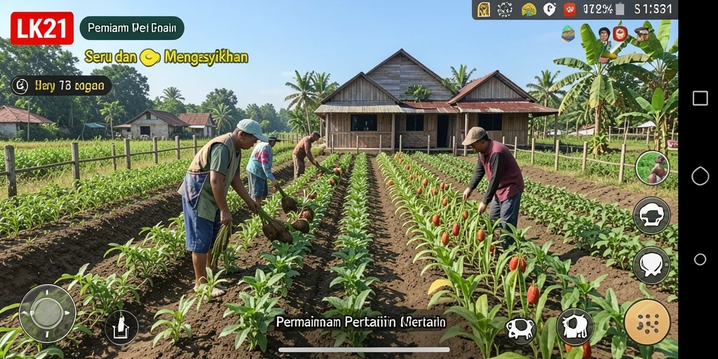 Tampilan gameplay LK21 dengan ladang yang subur dan hewan ternak.